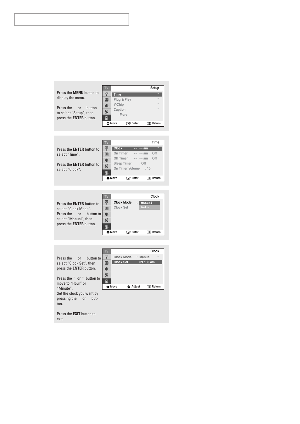 Setting the clock, Option 1: setting the clock manually | Samsung TXR2728GX-XAC User Manual | Page 29 / 62