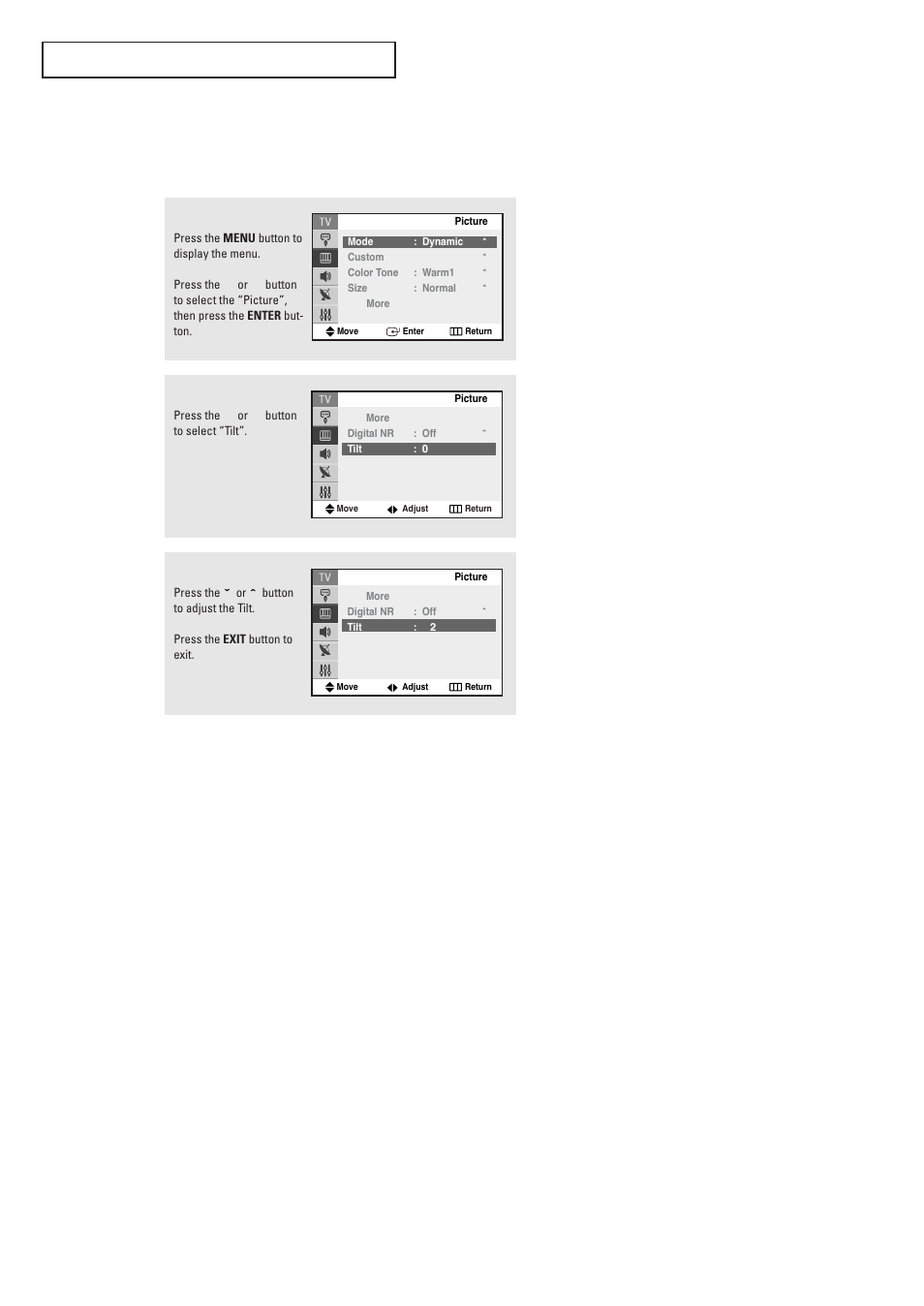 Tilt (depends on the model), Tilt | Samsung TXR2728GX-XAC User Manual | Page 42 / 62