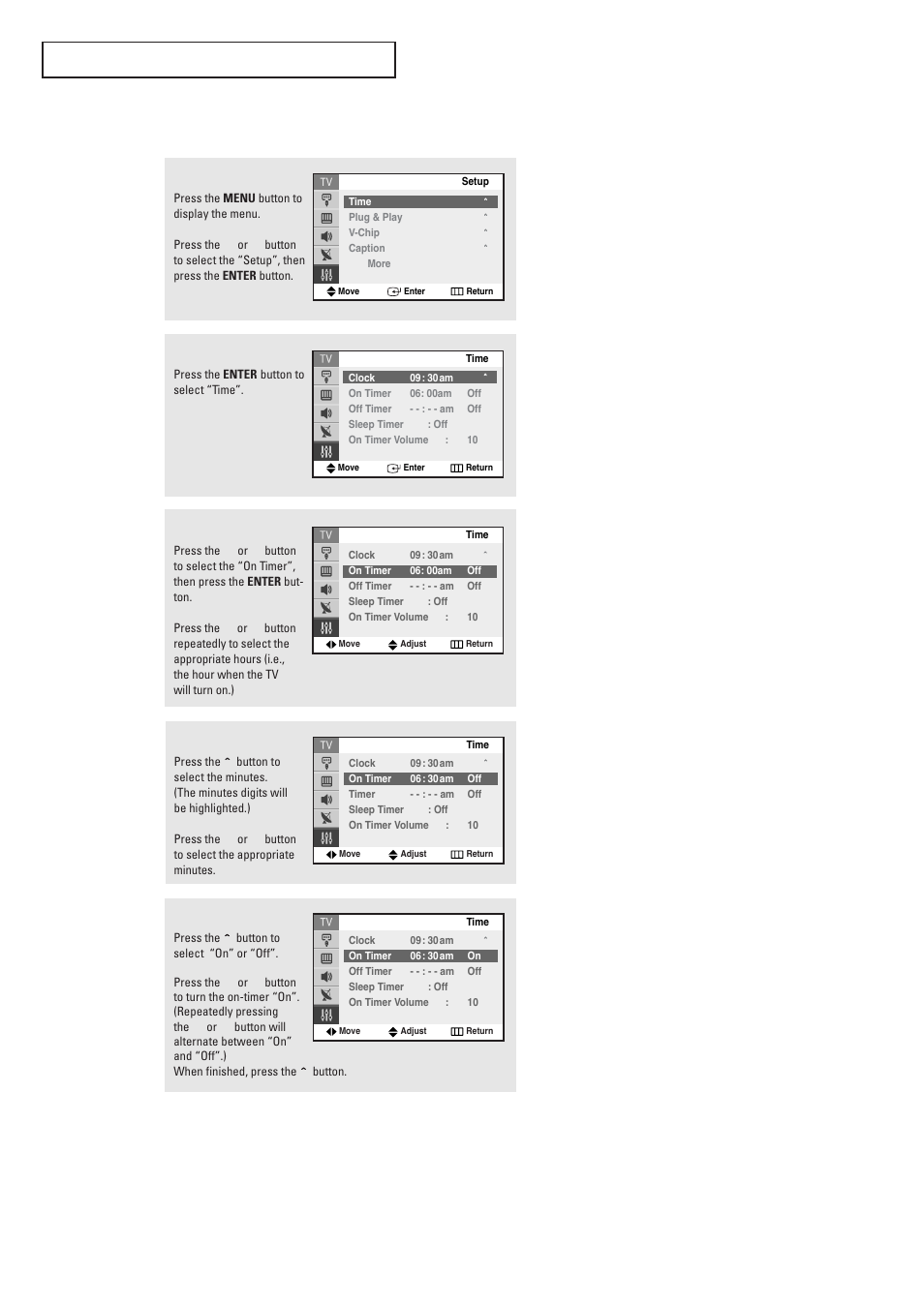 Setting the on/off timer | Samsung TXR2728GX-XAC User Manual | Page 46 / 62