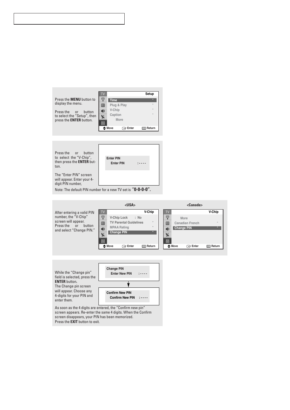 Using the v-chip, Setting up your personal id number (pin) | Samsung TXR2728GX-XAC User Manual | Page 49 / 62