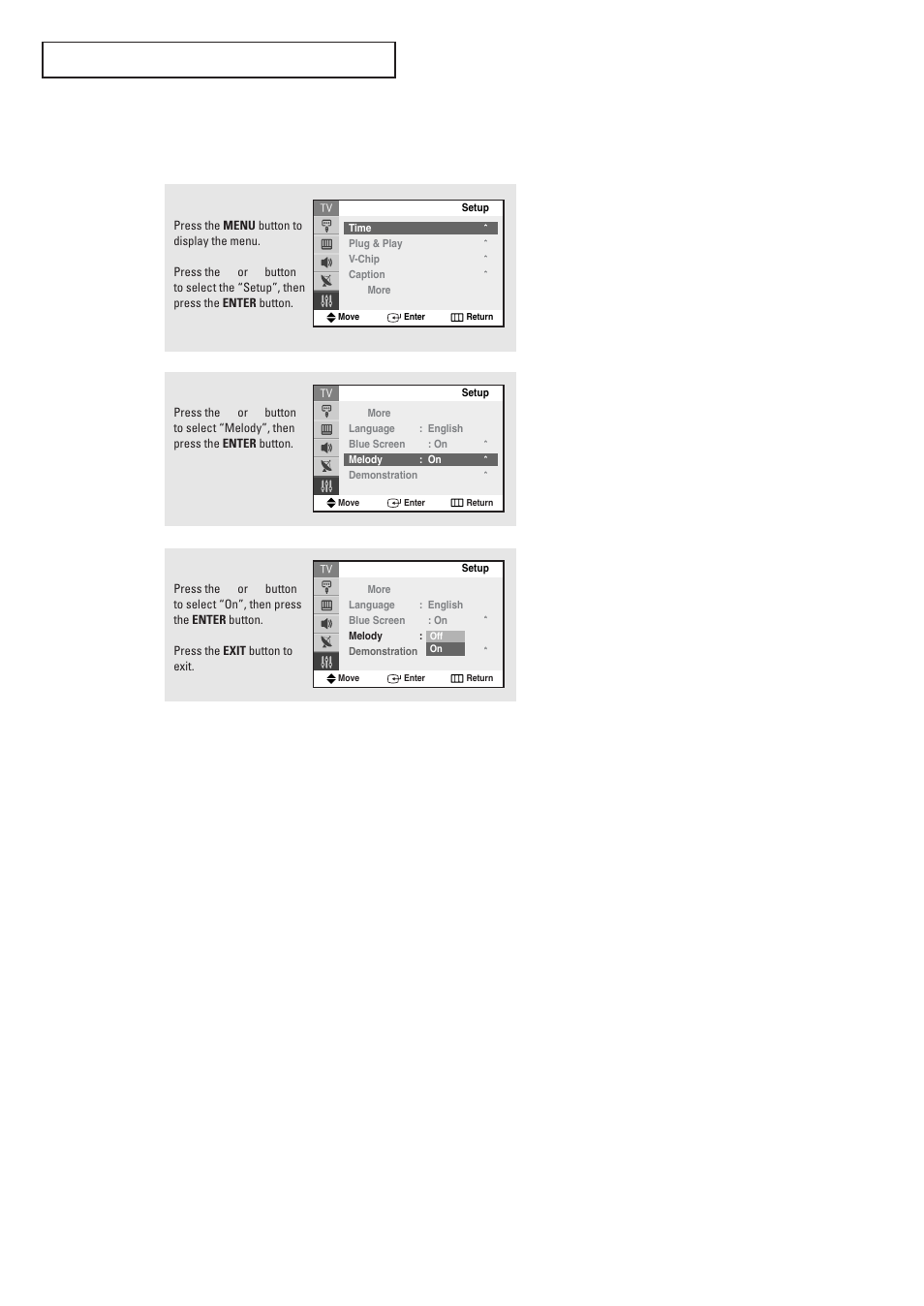 Setting the on/off melody | Samsung TXR2728GX-XAC User Manual | Page 58 / 62