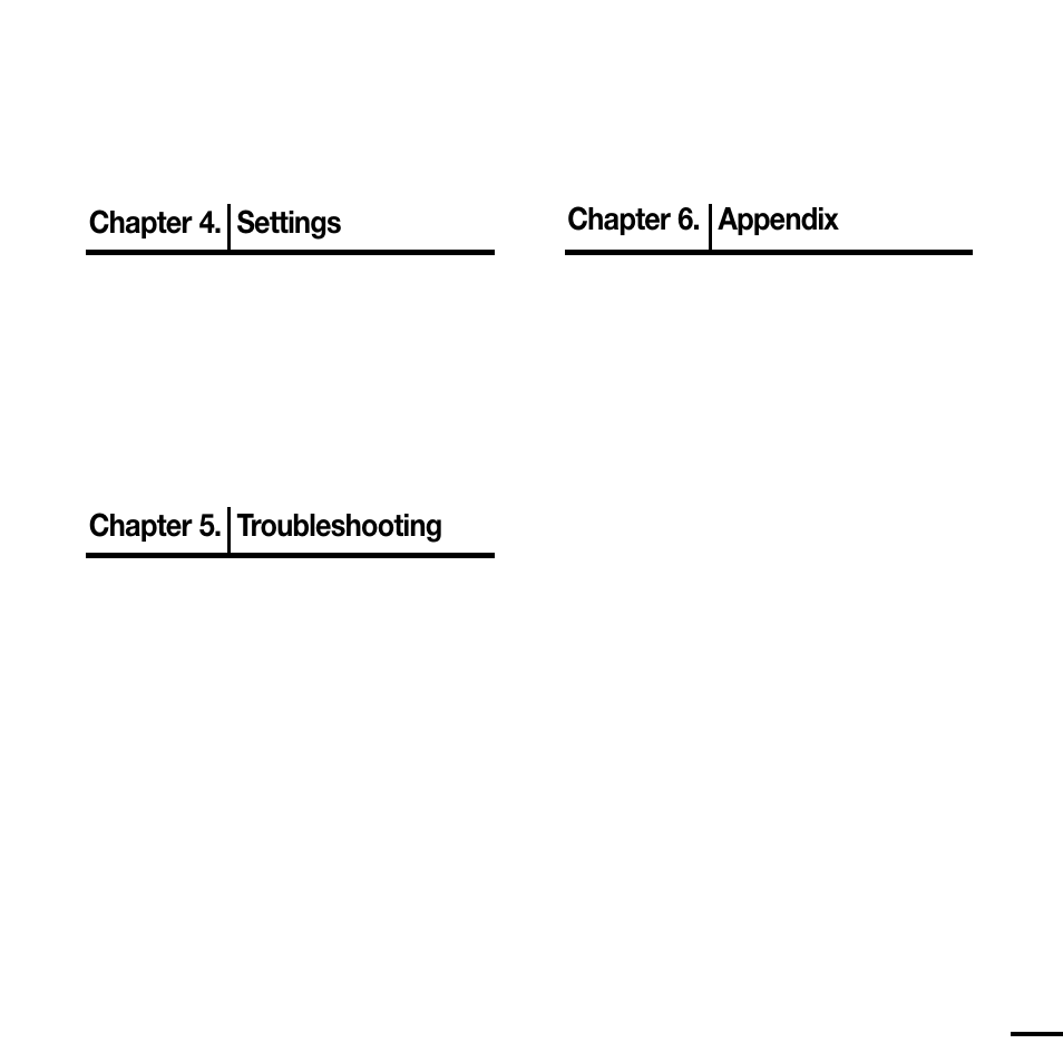 Chapter 4. settings, Chapter 5. troubleshooting, Chapter 6. appendix | Samsung YP-U2JQB-XAA User Manual | Page 5 / 67