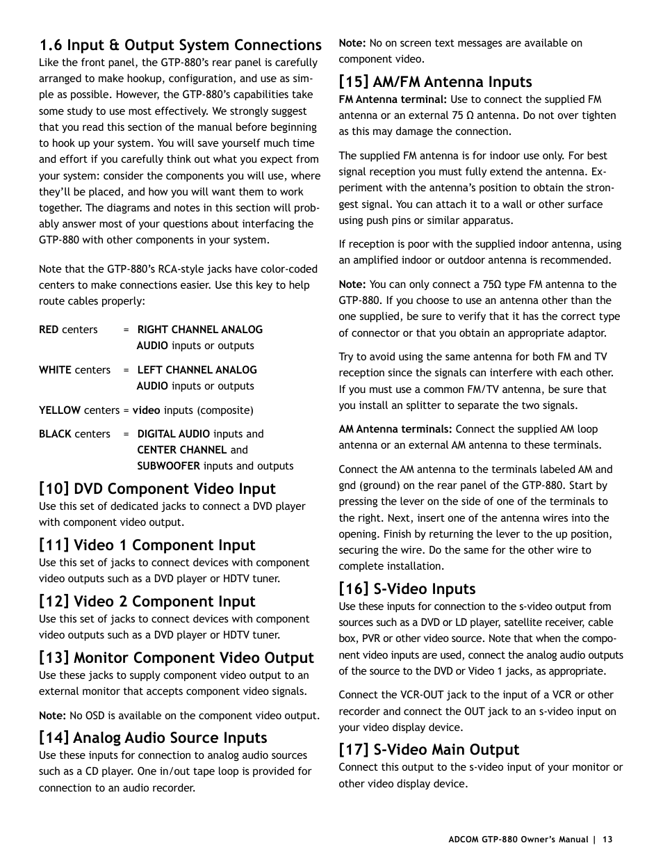 6 input & output system connections, 10] dvd component video input, 11] video 1 component input | 12] video 2 component input, 13] monitor component video output, 14] analog audio source inputs, 15] am/fm antenna inputs, 16] s-video inputs, 17] s-video main output | Adcom GTP-880 User Manual | Page 13 / 52