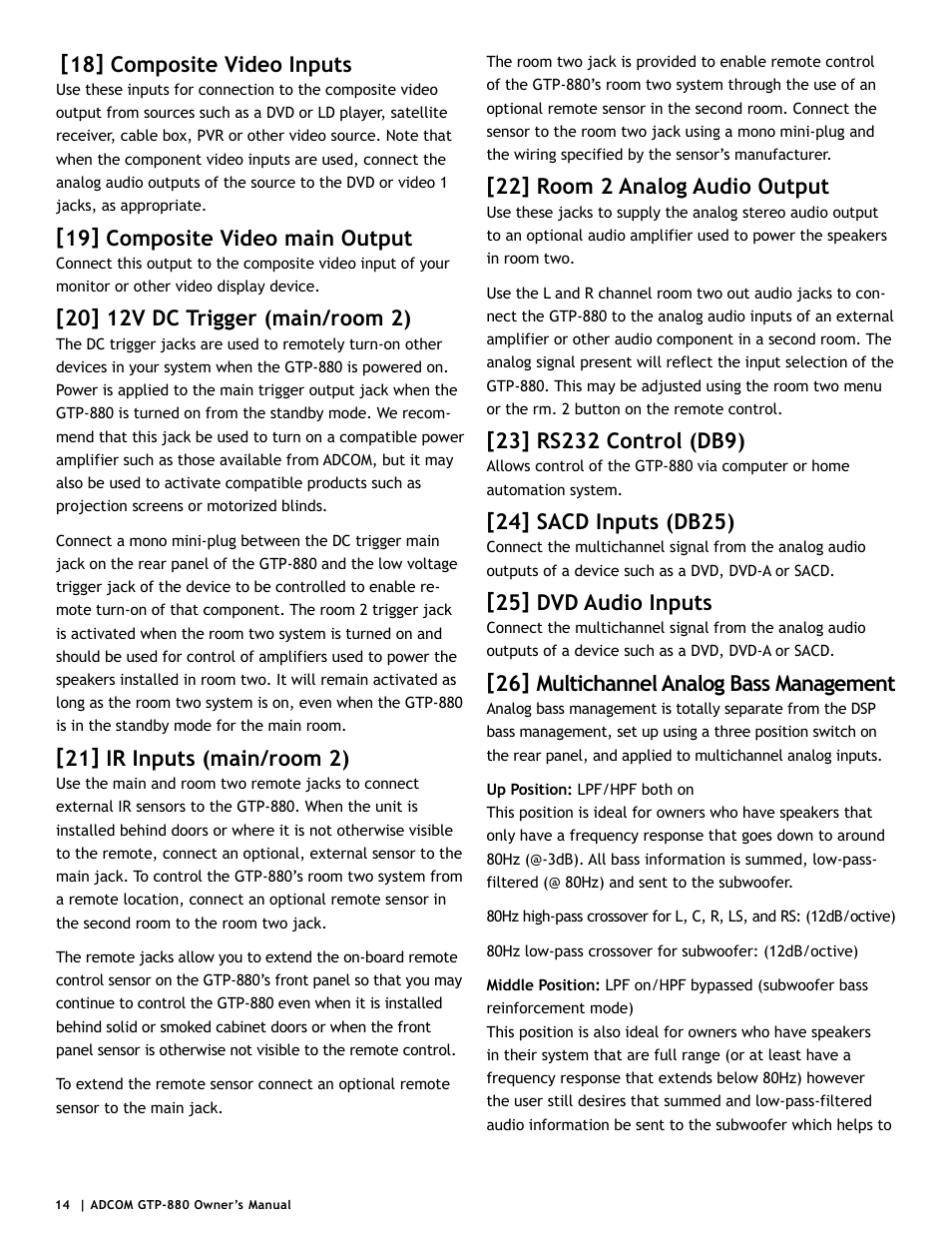 18] composite video inputs, 19] composite video main output, 21] ir inputs (main/room 2) | 22] room 2 analog audio output, 24] sacd inputs (db25), 25] dvd audio inputs, 26] multichannel analog bass management | Adcom GTP-880 User Manual | Page 14 / 52