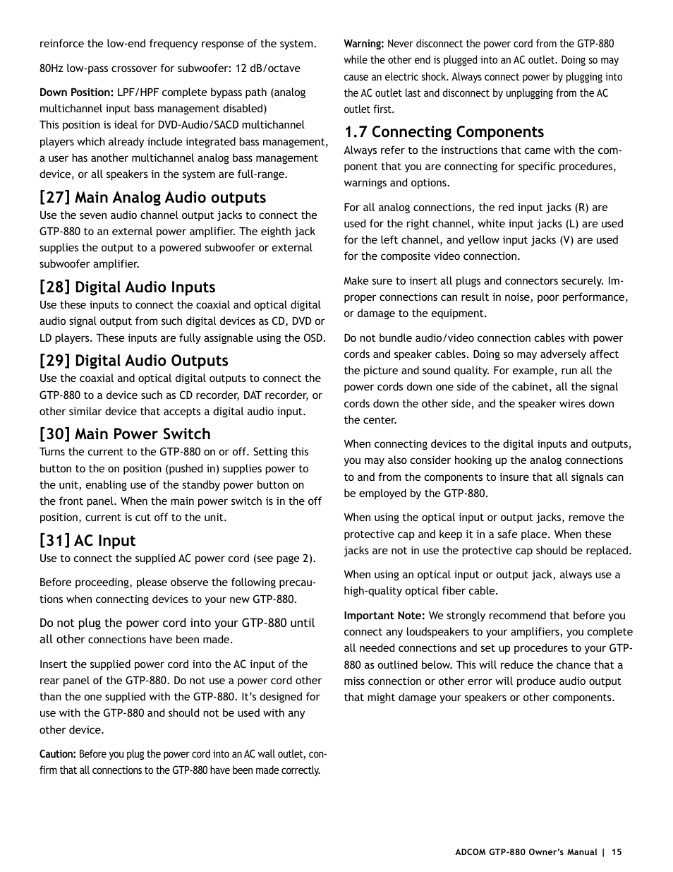 27] main analog audio outputs, 28] digital audio inputs, 29] digital audio outputs | 30] main power switch, 31] ac input, 7 connecting components | Adcom GTP-880 User Manual | Page 15 / 52