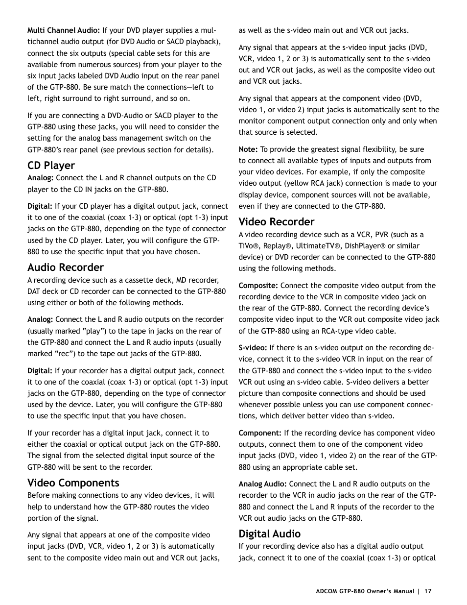 Cd player, Audio recorder, Video components | Video recorder, Digital audio | Adcom GTP-880 User Manual | Page 17 / 52