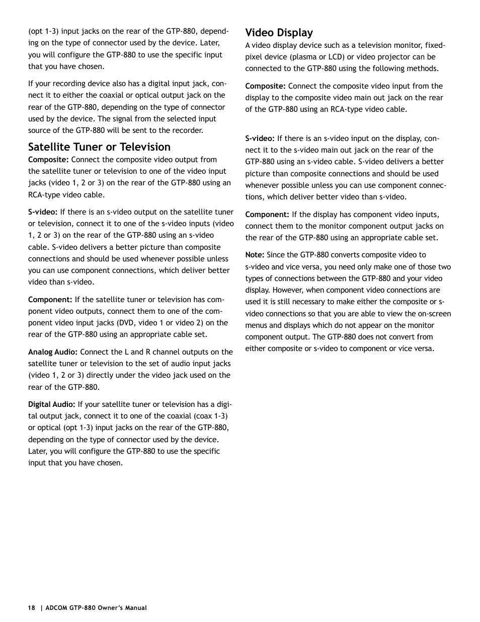 Satellite tuner or television, Video display | Adcom GTP-880 User Manual | Page 18 / 52