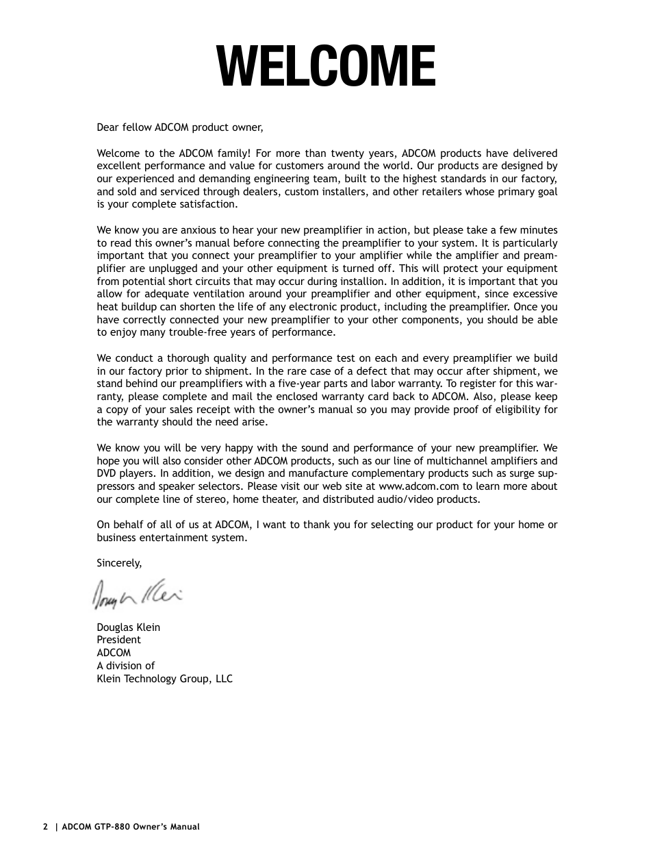 Welcome | Adcom GTP-880 User Manual | Page 2 / 52