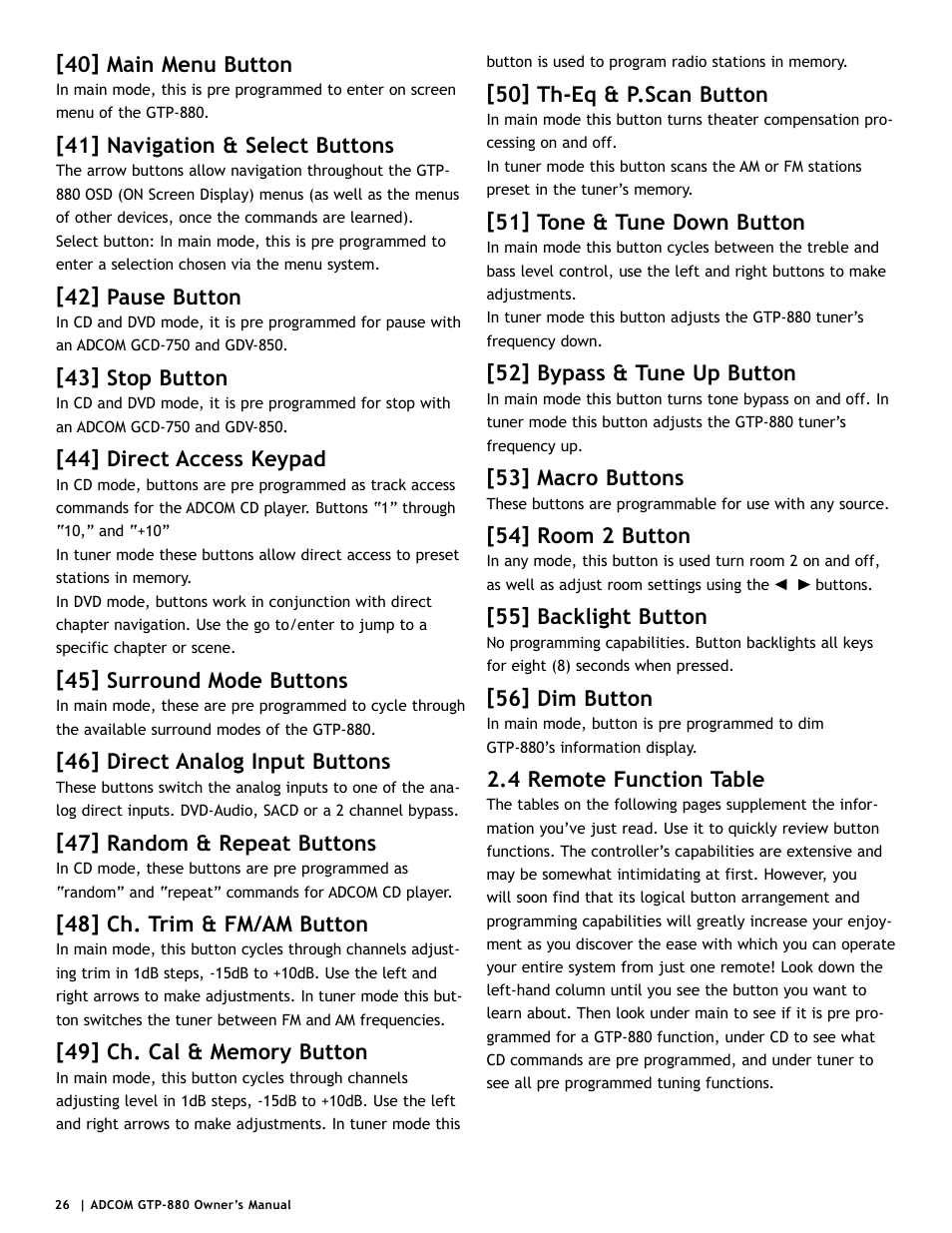 40] main menu button, 41] navigation & select buttons, 42] pause button | 43] stop button, 44] direct access keypad, 45] surround mode buttons, 46] direct analog input buttons, 47] random & repeat buttons, 48] ch. trim & fm/am button, 50] th-eq & p.scan button | Adcom GTP-880 User Manual | Page 26 / 52