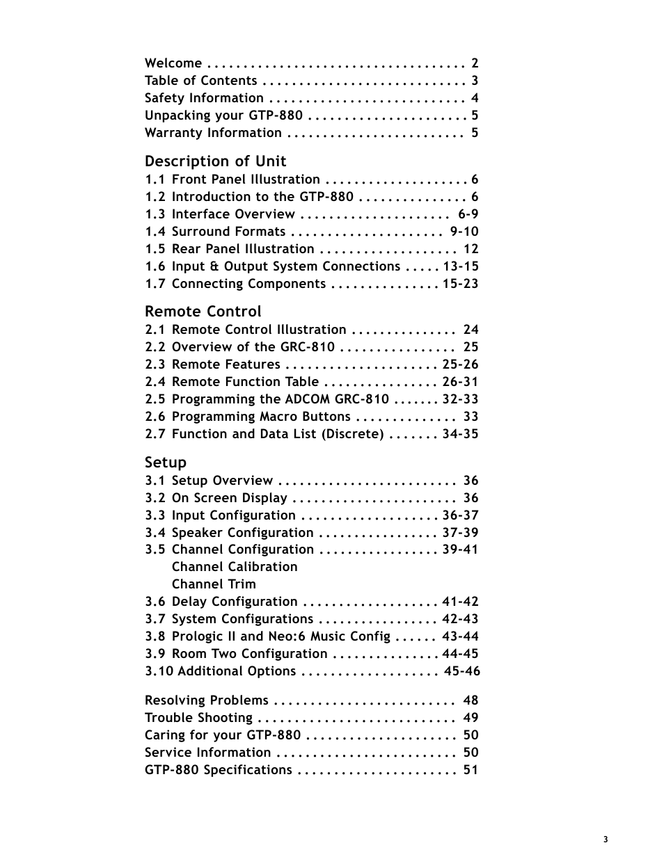 Description of unit, Remote control, Setup | Adcom GTP-880 User Manual | Page 3 / 52