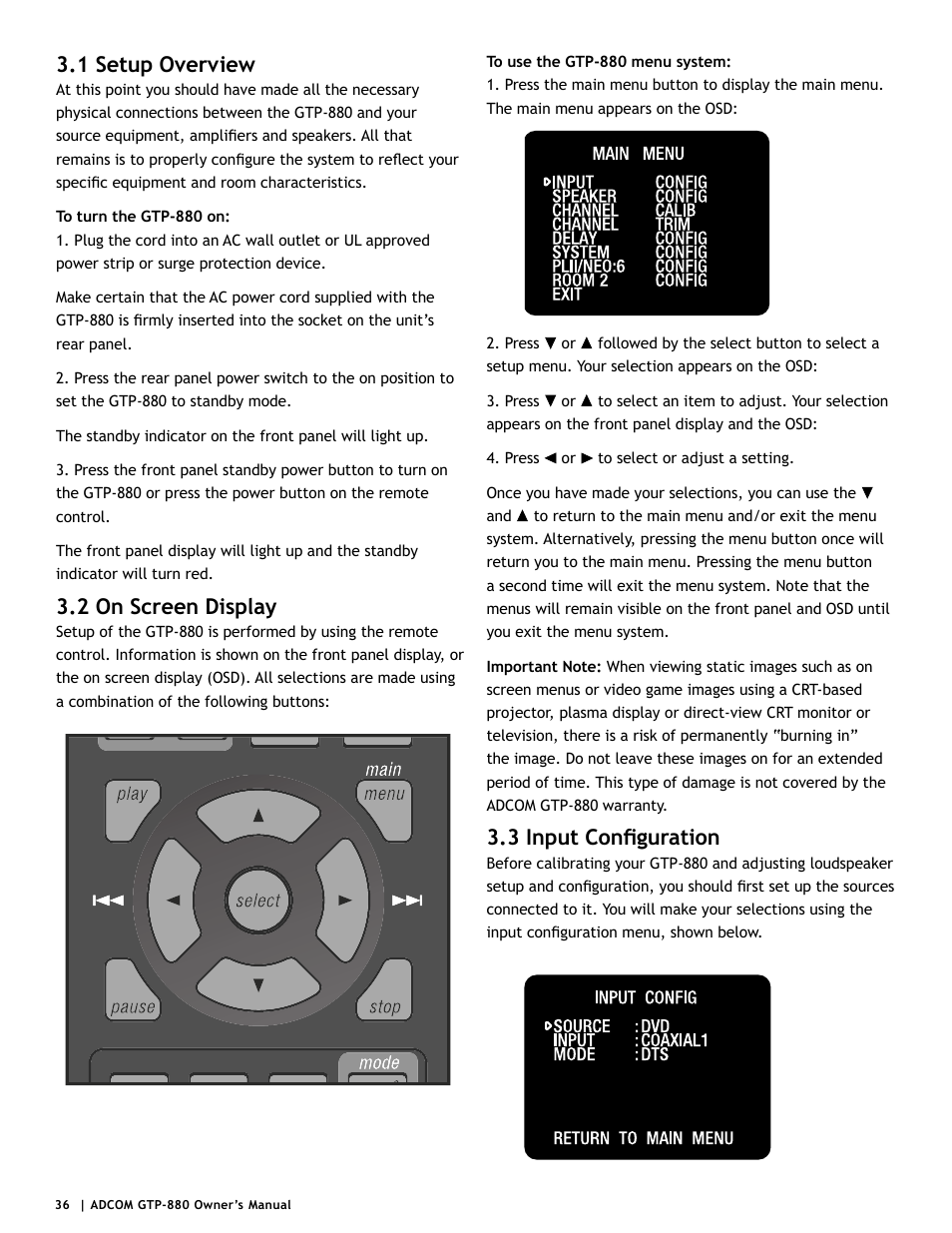 1 setup overview, 2 on screen display, 3 input confi guration | Adcom GTP-880 User Manual | Page 36 / 52