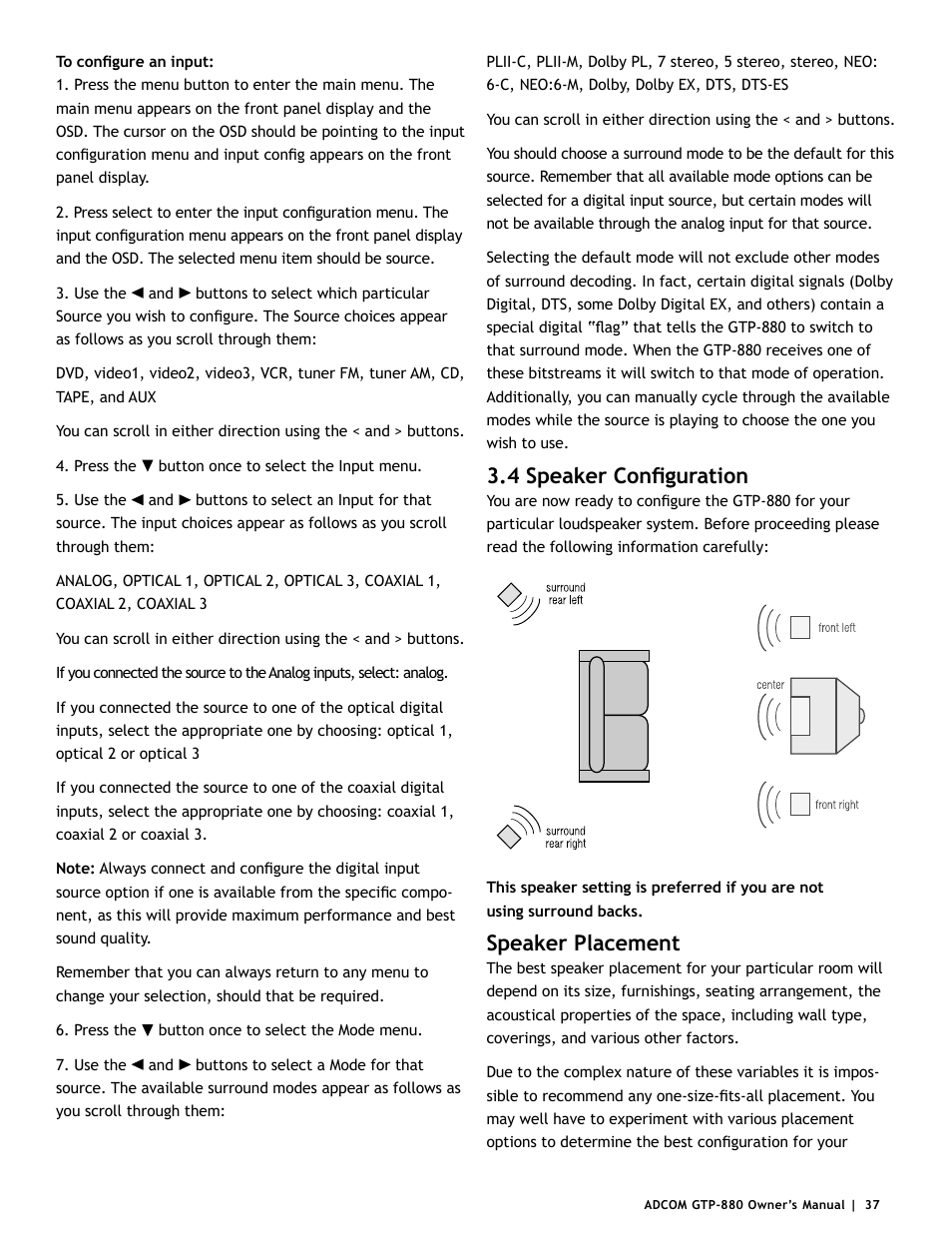 4 speaker configuration, Speaker placement | Adcom GTP-880 User Manual | Page 37 / 52