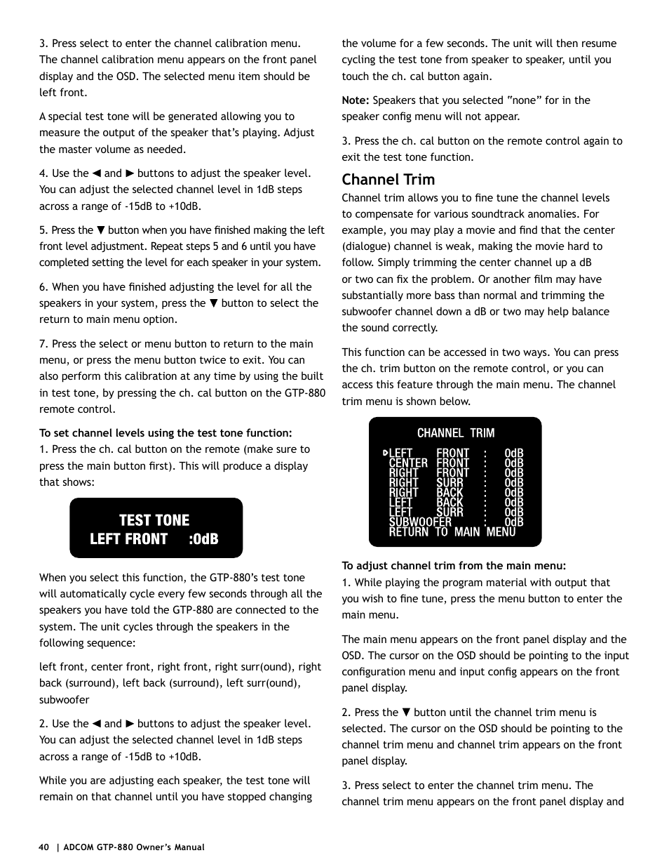 Channel trim | Adcom GTP-880 User Manual | Page 40 / 52