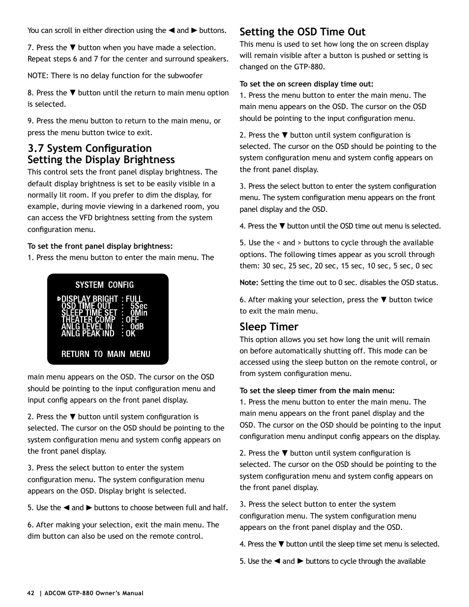 Setting the osd time out, Sleep timer | Adcom GTP-880 User Manual | Page 42 / 52