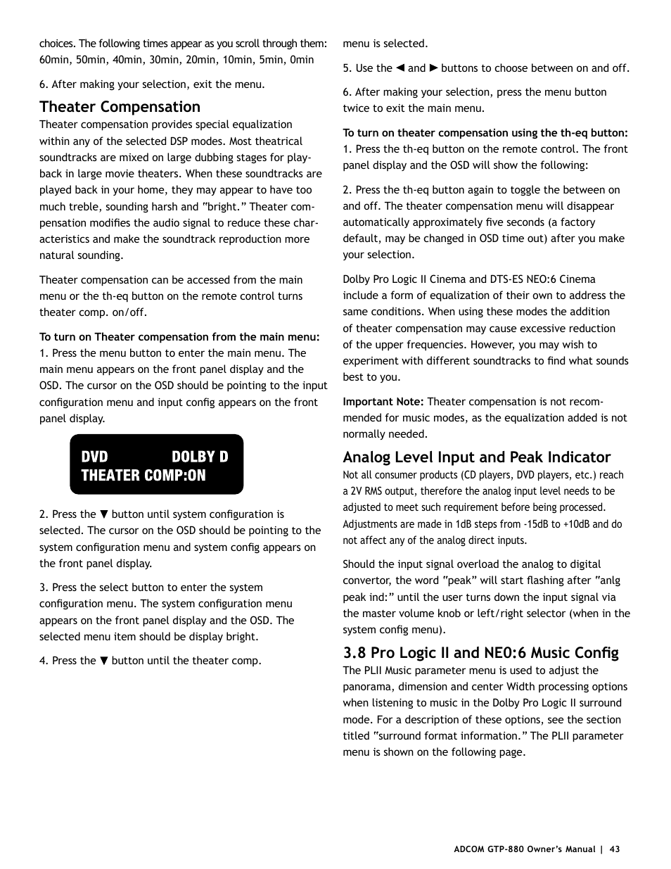 Theater compensation, Analog level input and peak indicator, 8 pro logic ii and ne0:6 music config | Adcom GTP-880 User Manual | Page 43 / 52