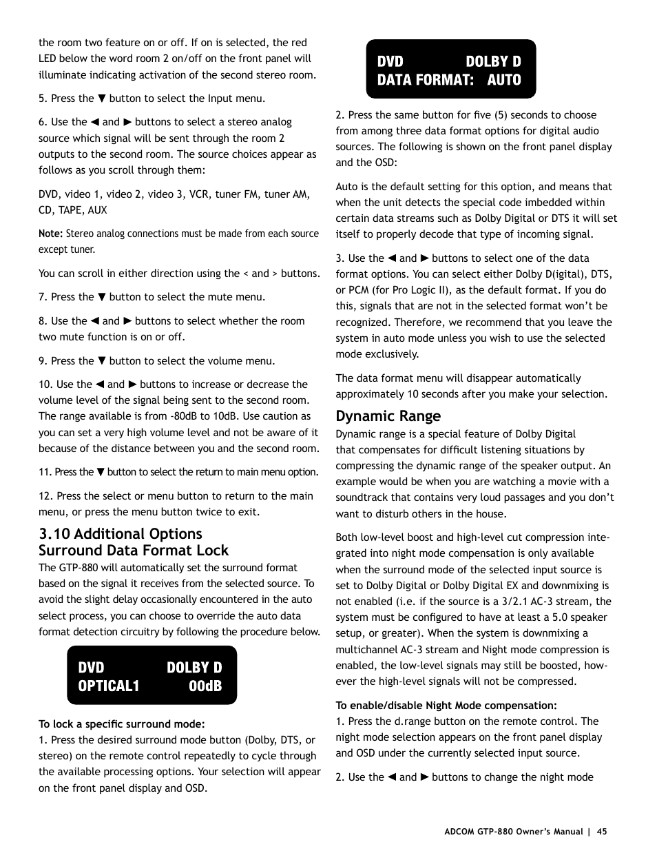 10 additional options surround data format lock, Dynamic range | Adcom GTP-880 User Manual | Page 45 / 52