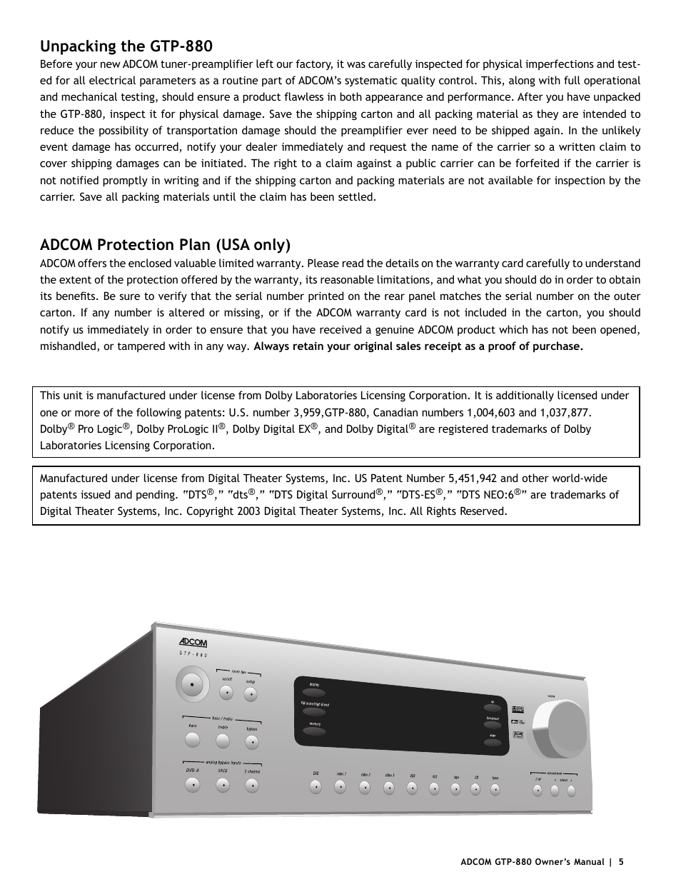 Unpacking the gtp-880, Adcom protection plan (usa only) | Adcom GTP-880 User Manual | Page 5 / 52