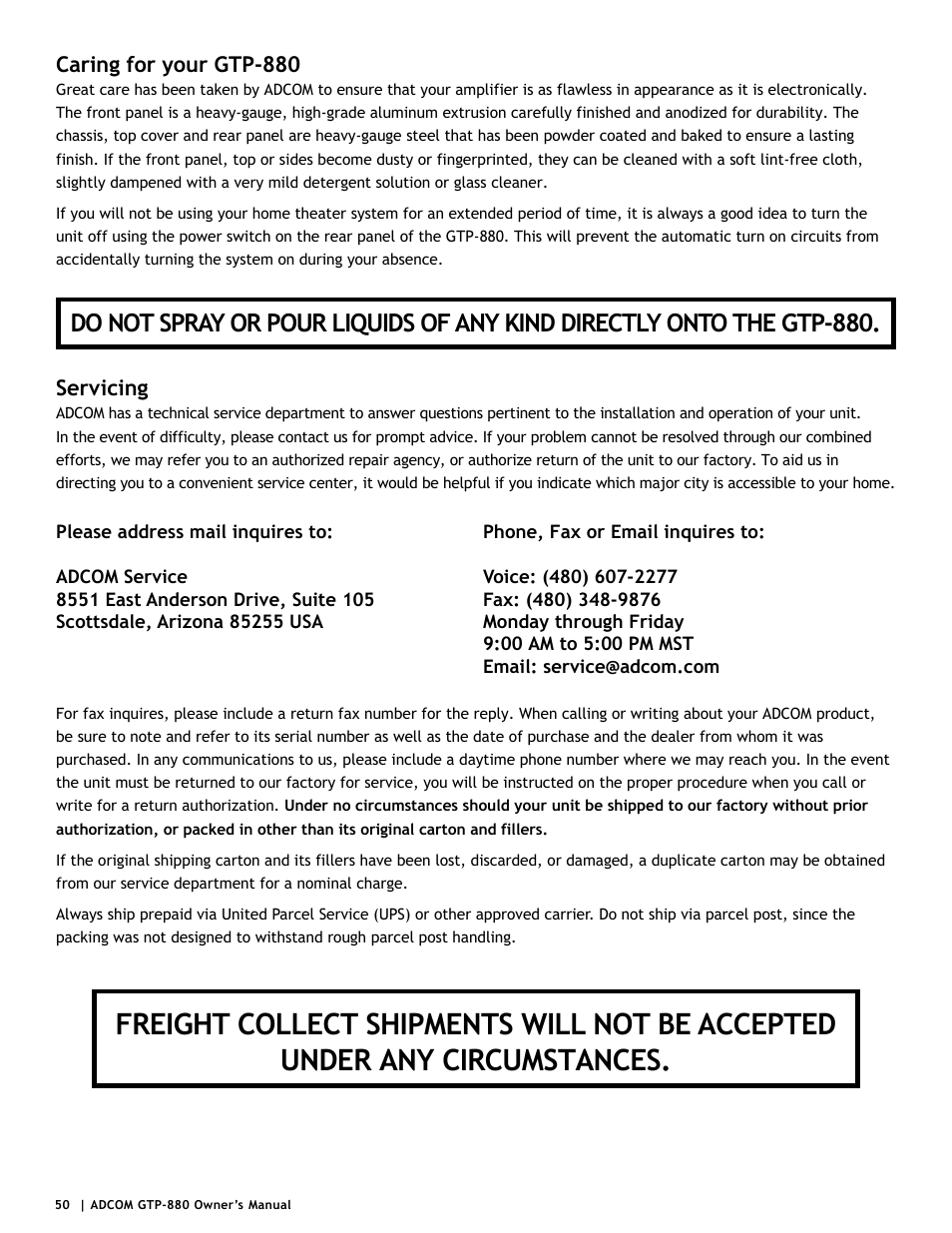 Caring for your gtp-880, Servicing | Adcom GTP-880 User Manual | Page 50 / 52