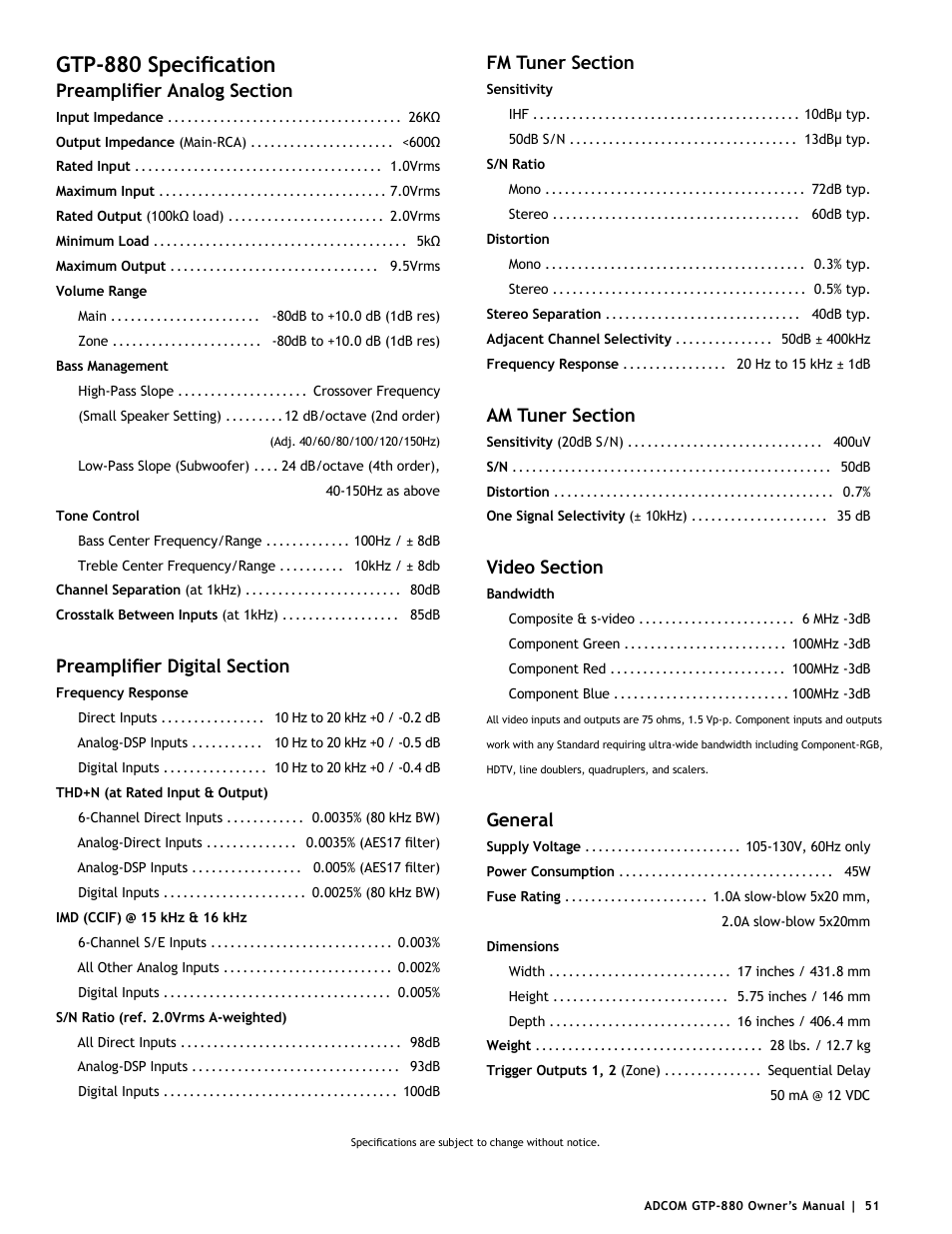 Gtp-880 specification, General | Adcom GTP-880 User Manual | Page 51 / 52