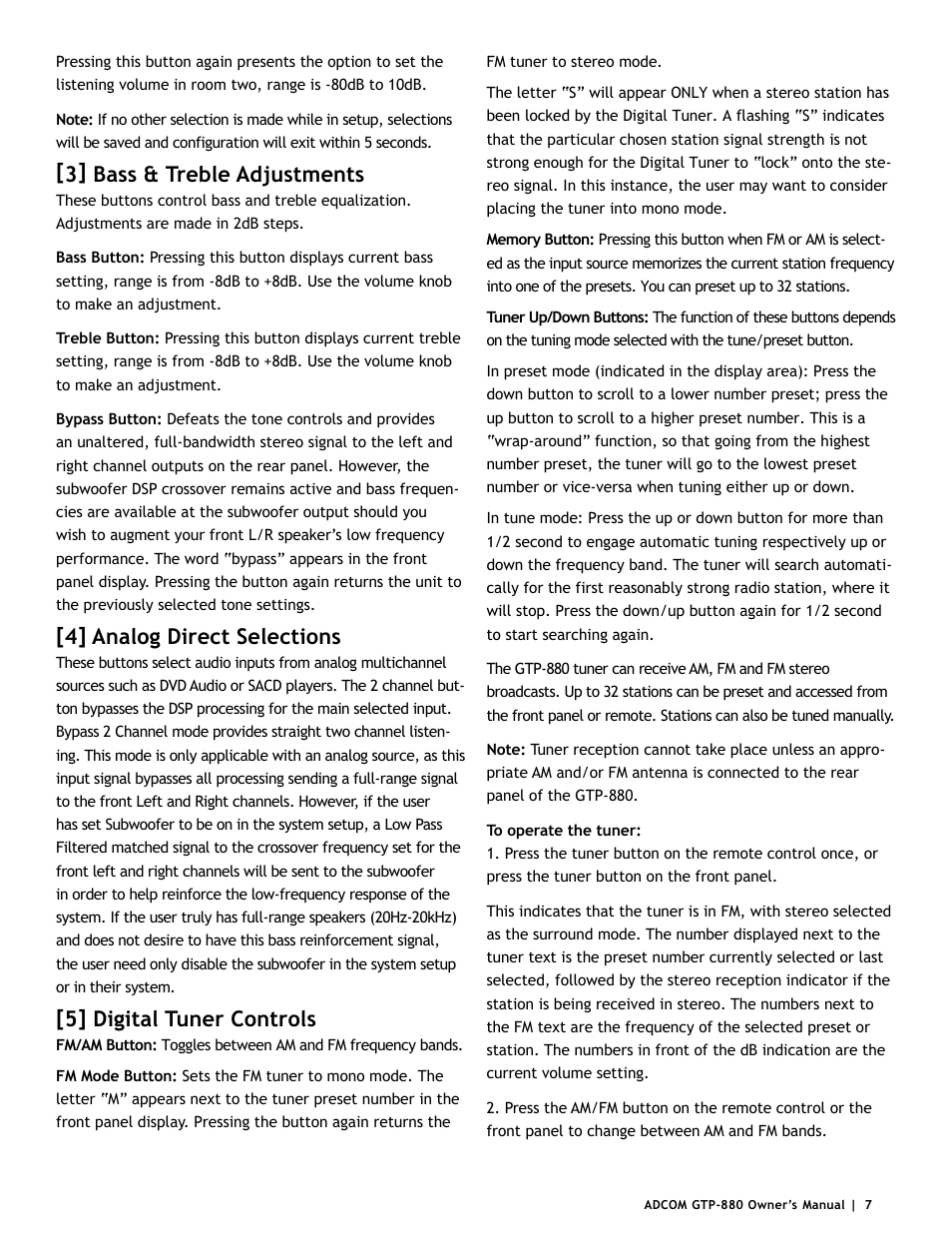 3] bass & treble adjustments, 4] analog direct selections, 5] digital tuner controls | Adcom GTP-880 User Manual | Page 7 / 52