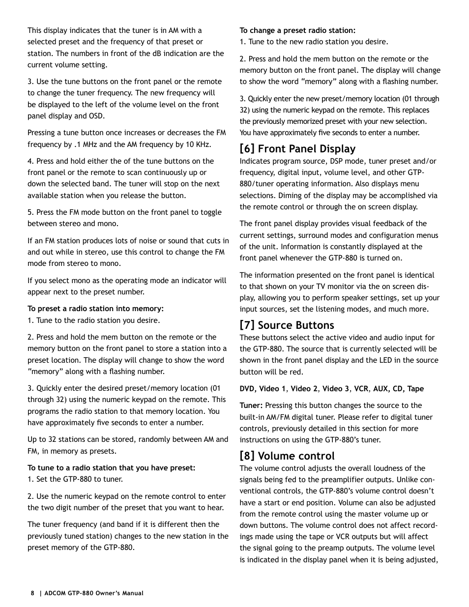6] front panel display, 7] source buttons, 8] volume control | Adcom GTP-880 User Manual | Page 8 / 52
