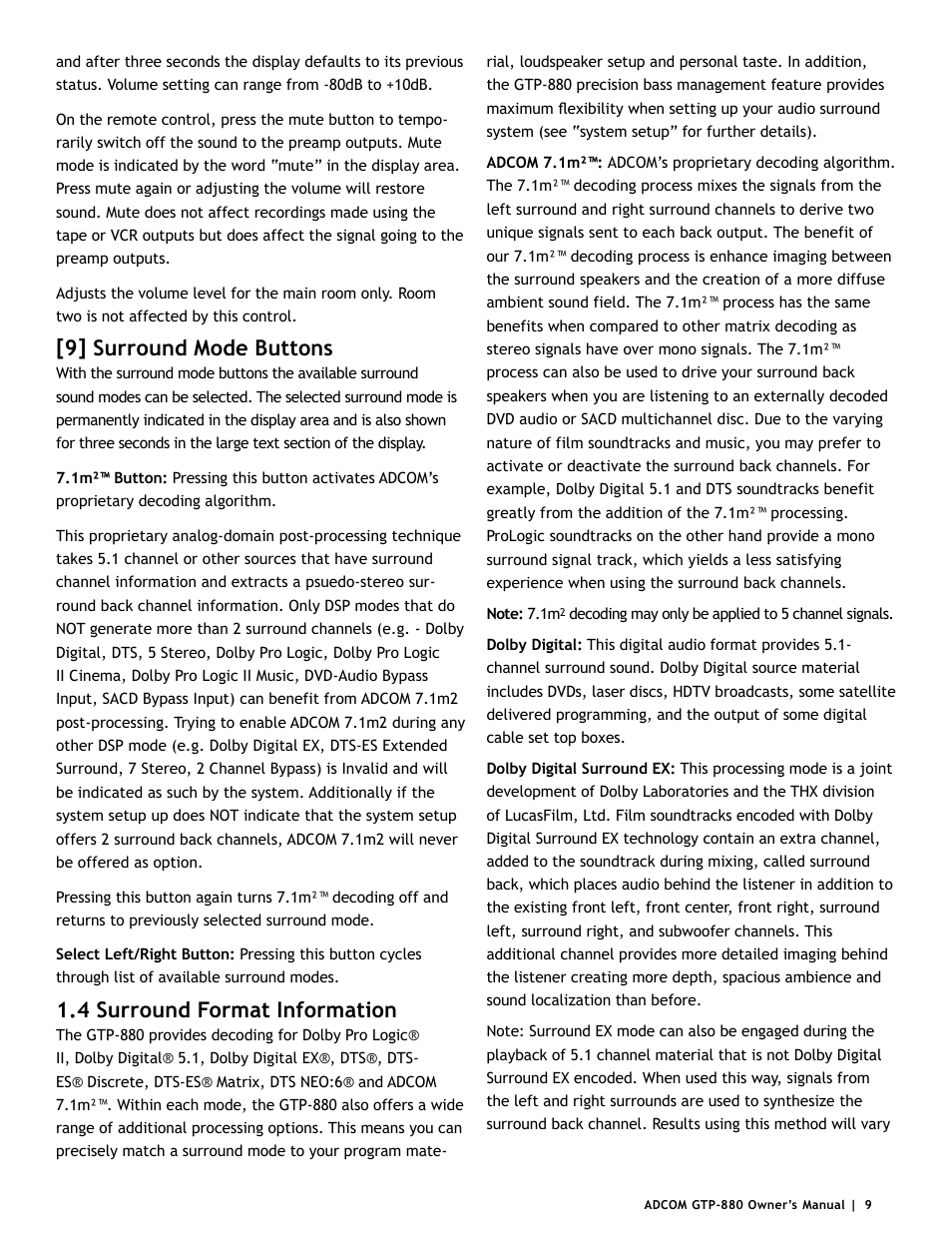 9] surround mode buttons, 4 surround format information | Adcom GTP-880 User Manual | Page 9 / 52
