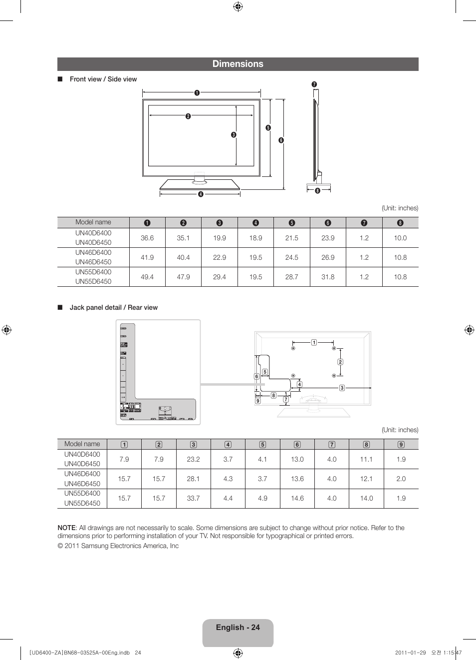Dimensions | Samsung UN40D6420UFXZA User Manual | Page 24 / 25