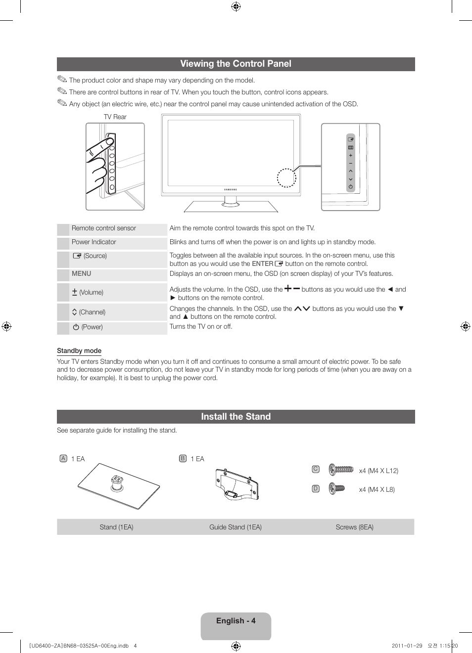 Viewing the control panel, Install the stand | Samsung UN40D6420UFXZA User Manual | Page 4 / 25