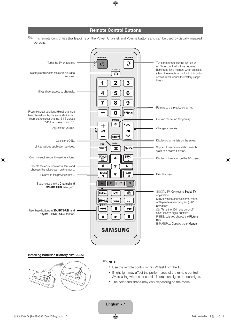 Remote control buttons | Samsung UN40D6420UFXZA User Manual | Page 7 / 25