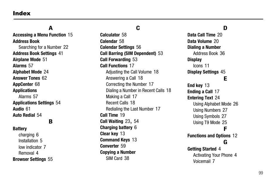 Index | Samsung SGH-A107ZSAATT User Manual | Page 103 / 105