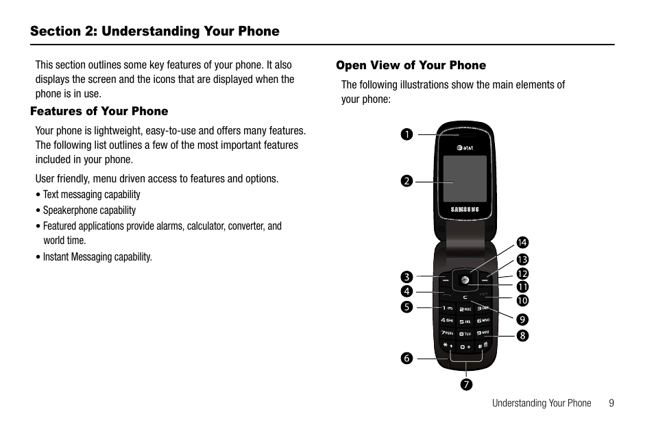Section 2: understanding your phone, Features of your phone, Open view of your phone | Features of your phone open view of your phone | Samsung SGH-A107ZSAATT User Manual | Page 13 / 105