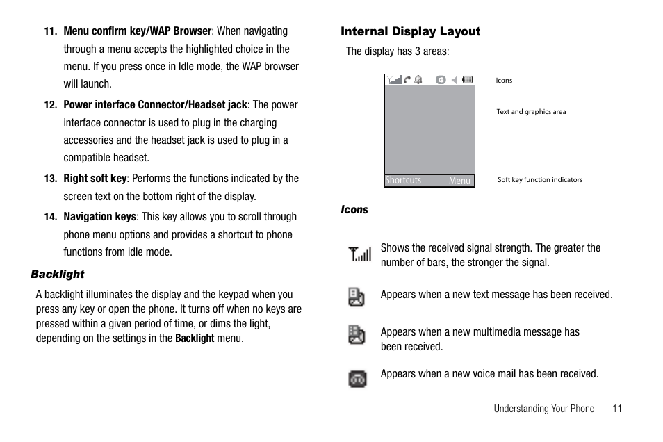 Internal display layout | Samsung SGH-A107ZSAATT User Manual | Page 15 / 105