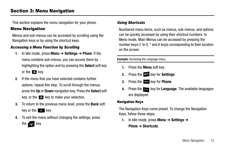 Section 3: menu navigation, Menu navigation | Samsung SGH-A107ZSAATT User Manual | Page 19 / 105