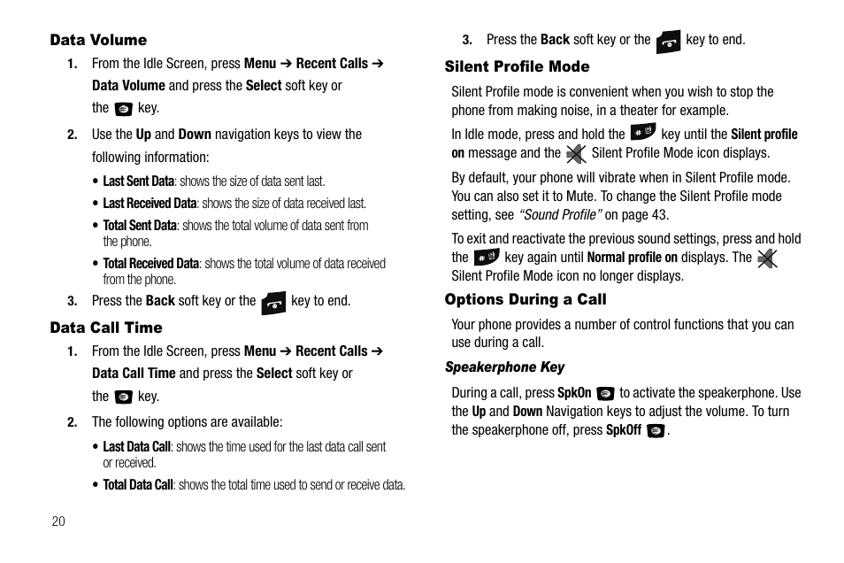 Data volume, Data call time, Silent profile mode | Options during a call | Samsung SGH-A107ZSAATT User Manual | Page 24 / 105