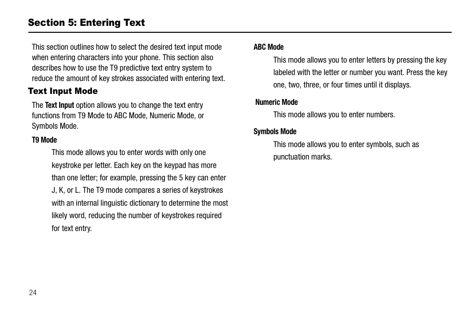 Section 5: entering text, Text input mode | Samsung SGH-A107ZSAATT User Manual | Page 28 / 105