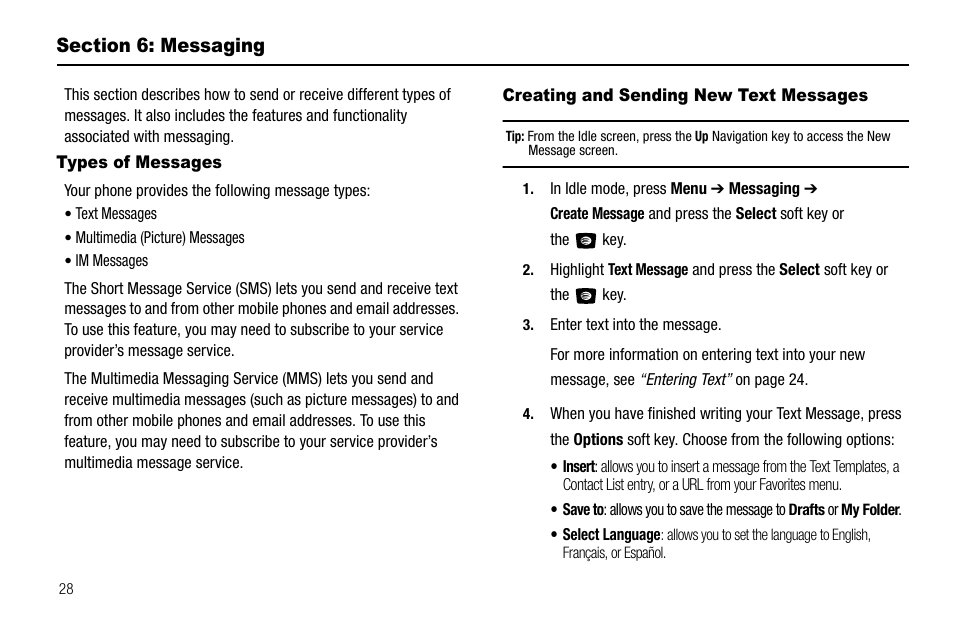 Section 6: messaging, Types of messages, Creating and sending new text messages | Samsung SGH-A107ZSAATT User Manual | Page 32 / 105