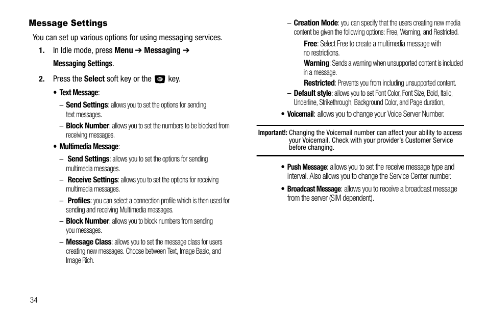 Message settings | Samsung SGH-A107ZSAATT User Manual | Page 38 / 105