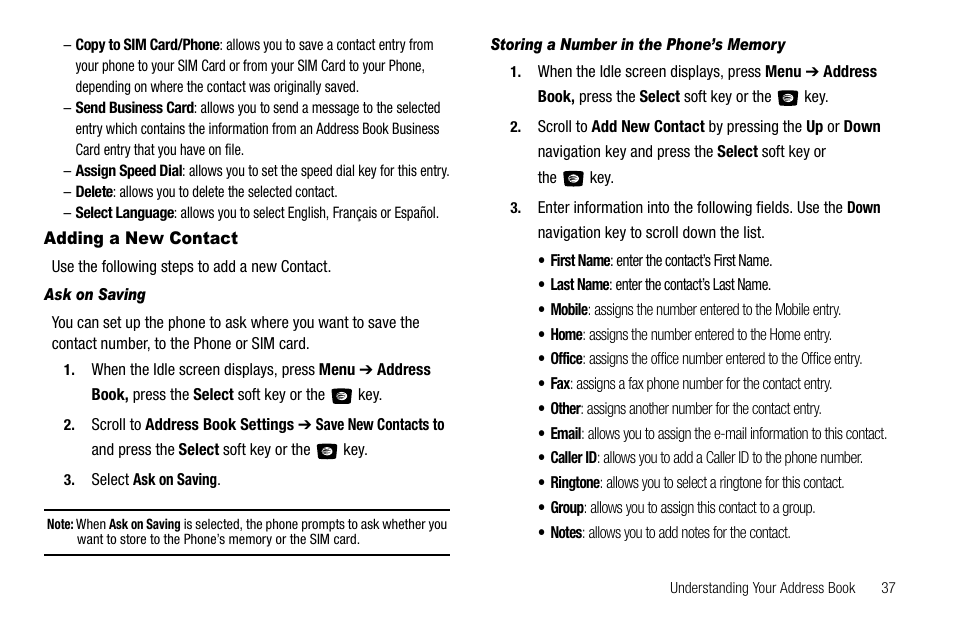 Adding a new contact | Samsung SGH-A107ZSAATT User Manual | Page 41 / 105