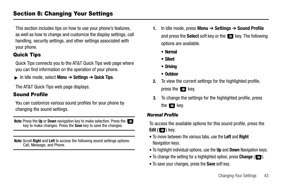 Section 8: changing your settings, Quick tips, Sound profile | Quick tips sound profile | Samsung SGH-A107ZSAATT User Manual | Page 47 / 105