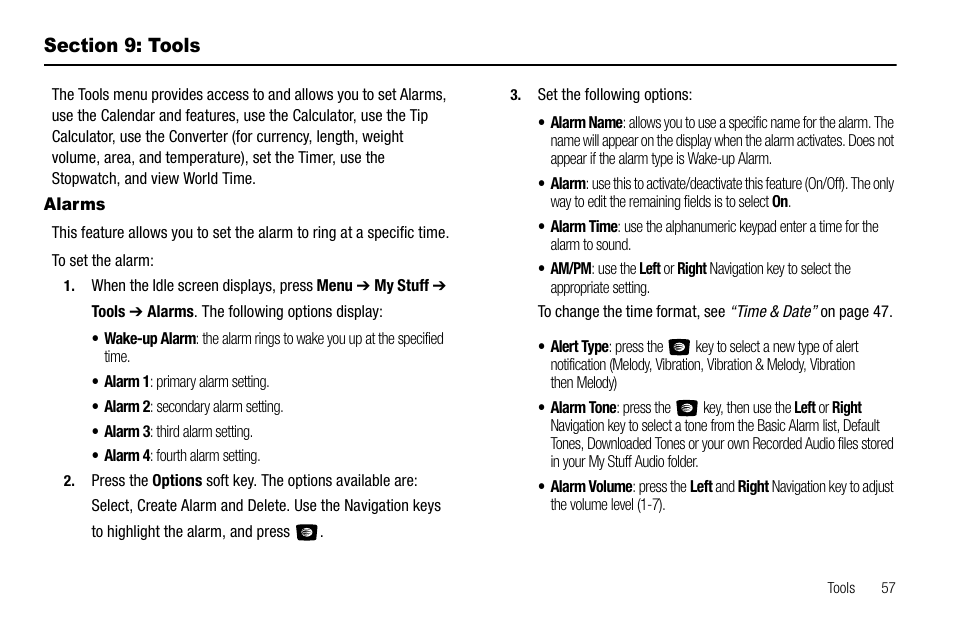 Section 9: tools, Alarms | Samsung SGH-A107ZSAATT User Manual | Page 61 / 105