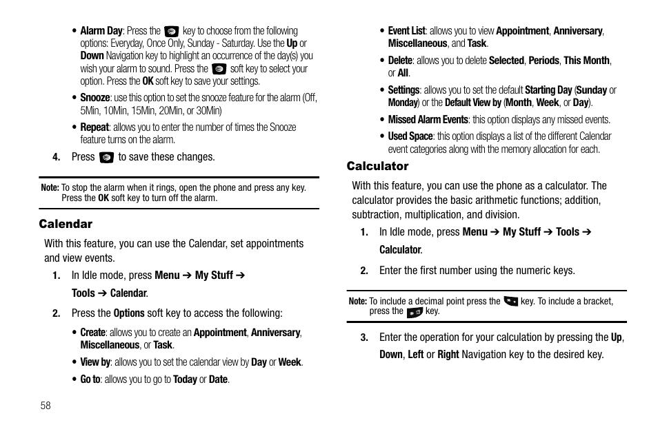 Calendar, Calculator, Calendar calculator | Samsung SGH-A107ZSAATT User Manual | Page 62 / 105