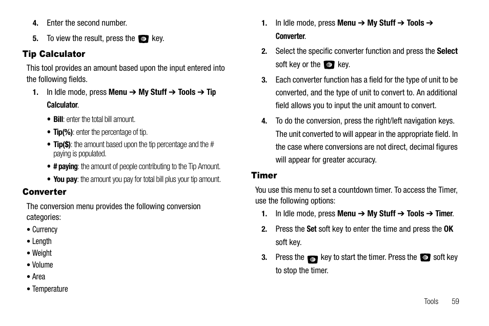 Tip calculator, Converter, Timer | Tip calculator converter timer | Samsung SGH-A107ZSAATT User Manual | Page 63 / 105