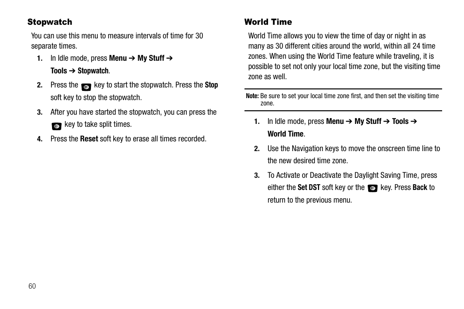 Stopwatch, World time, Stopwatch world time | Samsung SGH-A107ZSAATT User Manual | Page 64 / 105
