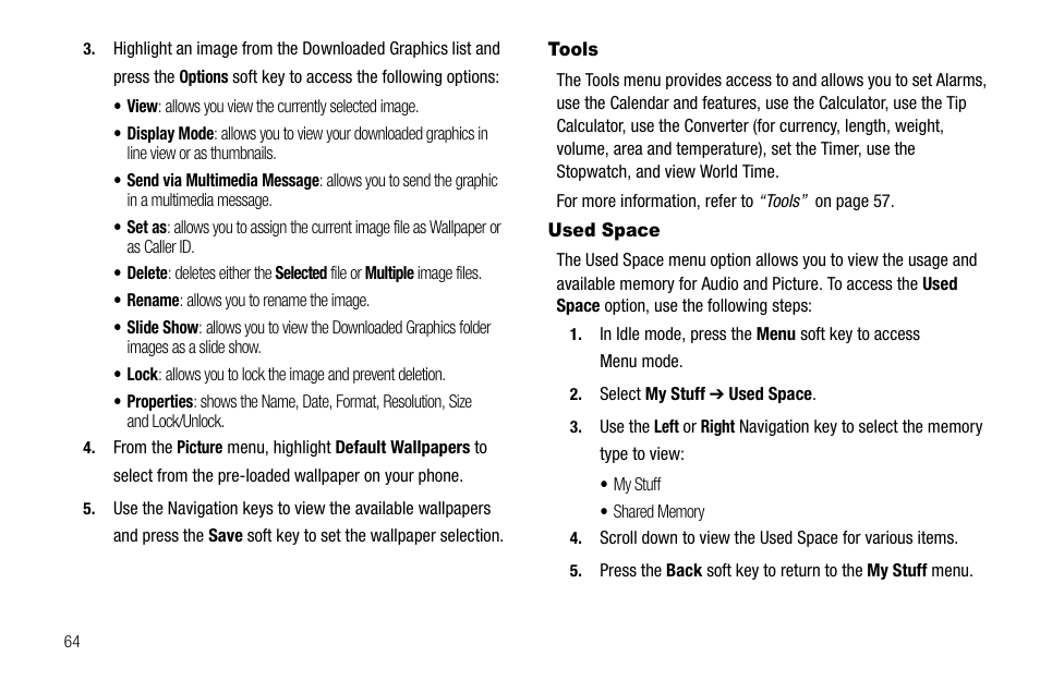 Tools, Used space, Tools used space | Samsung SGH-A107ZSAATT User Manual | Page 68 / 105