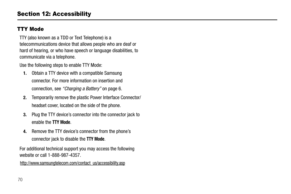 Section 12: accessibility, Tty mode | Samsung SGH-A107ZSAATT User Manual | Page 74 / 105