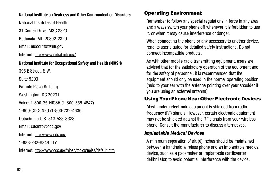 Operating environment, Using your phone near other electronic devices | Samsung SGH-A107ZSAATT User Manual | Page 86 / 105