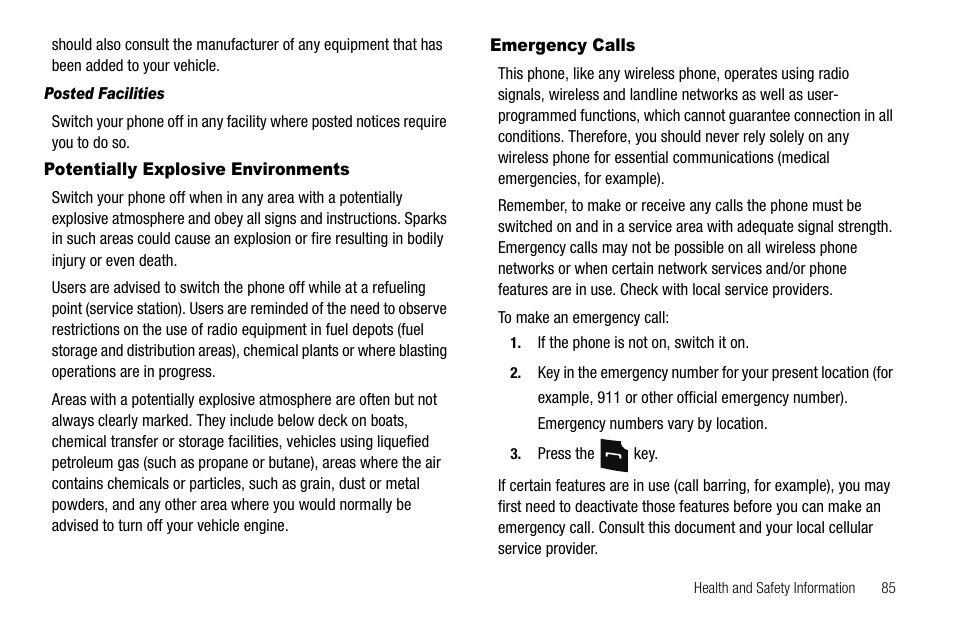 Potentially explosive environments, Emergency calls, Potentially explosive environments emergency calls | Samsung SGH-A107ZSAATT User Manual | Page 89 / 105