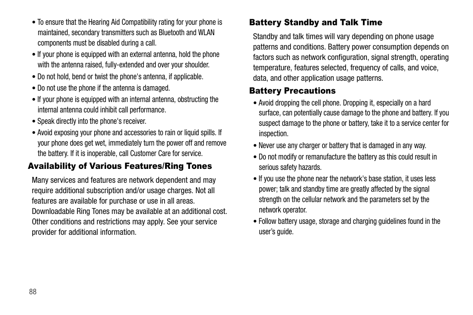 Availability of various features/ring tones, Battery standby and talk time, Battery precautions | Samsung SGH-A107ZSAATT User Manual | Page 92 / 105