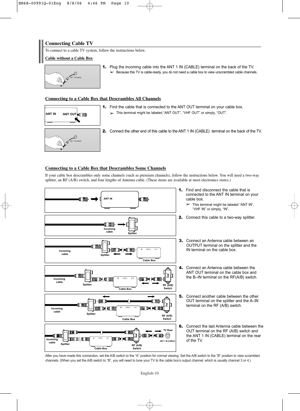 Connecting cable tv | Samsung HPS6373X-XAA User Manual | Page 10 / 64