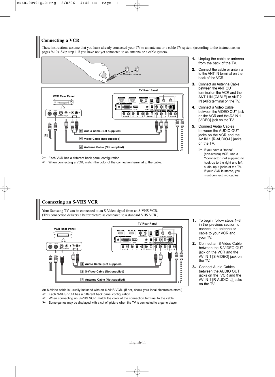 Connecting a vcr, Connecting an s-vhs vcr | Samsung HPS6373X-XAA User Manual | Page 11 / 64